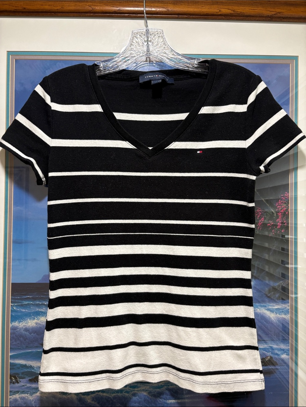 Tommy Hilfiger Black & White Striped V-Neck Short Sleeve Tee